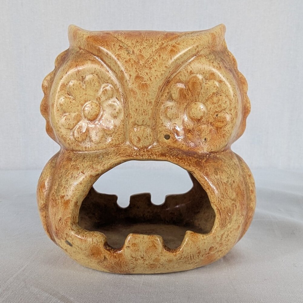 Vintage MCM Owl Ashtray Planter Sponge Orange Yellow Beige Drip Glaze Ceramic